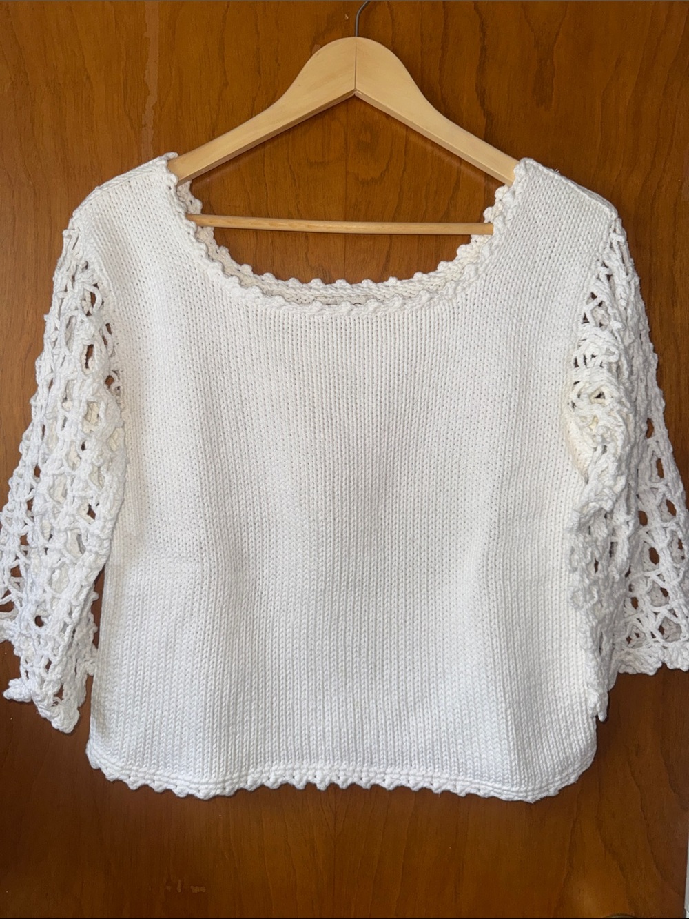 RICO 100% Cotton White Crocheted Sleeve Knit Top - Women’s M